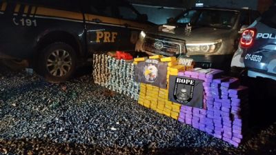 ​PM e PRF prendem motorista com 350 kg de droga em malas na carroceria de caminhonete