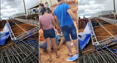Vento derruba estrutura de cerimnia de entrega de casas em Rondonpolis e mulher fica ferida