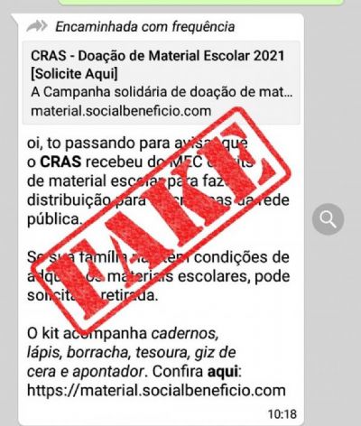 Mensagem sobre entrega de kit escolar que circula no WhatsApp  falsa, alerta Prefeitura de Sorriso (MT)