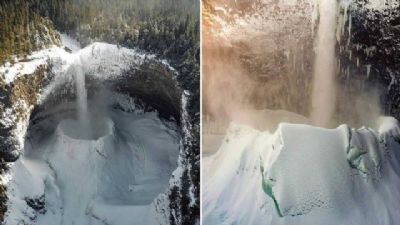 Cachoeira congela e cria 'cratera de neve' no Canad