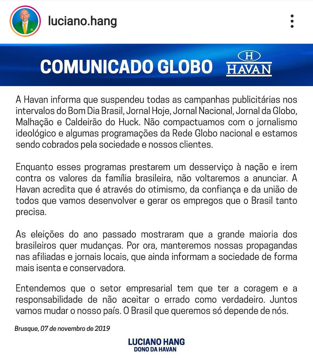 Havan cancela campanhas publicitárias na Globo e justifica motivo em nota :: TV Mais News Havan cancela campanhas publicitárias na Globo e justifica motivo em nota :: TV Mais News