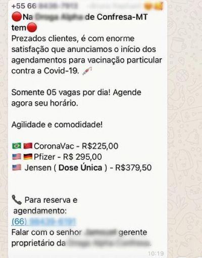 Bandidos divulgam vacinas da covid-19 por R$ 225 em farm�cias de MT e cobram por agendamento
