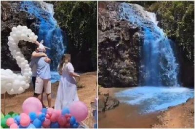 Casal despeja corante azul em cachoeira durante ch� revela��o e gera pol�mica