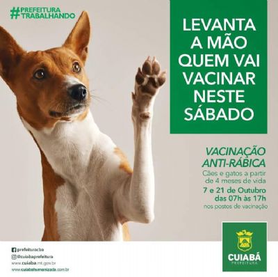 S�bado, dia 7 de outubro, � dia de vacina��o de c�es e gatos em Cuiab�.