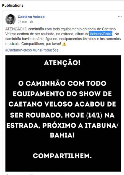 Equipamento de show de Caetano Veloso � roubado na Bahia