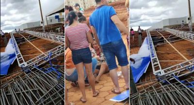 Vento derruba estrutura de cerim�nia de entrega de casas em Rondon�polis e mulher fica ferida