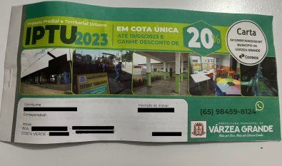 ​V�rzea Grande prorroga vencimento do IPTU 2023 para 6 de setembro