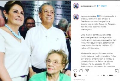 Aos 96 anos, m�e de Jayme e J�lio Campos morre de Covid-19 em Cuiab�
