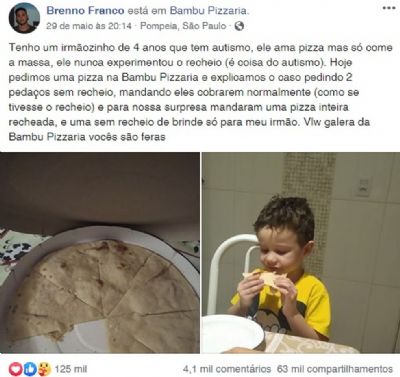 Crian�a autista 'vibra' ao receber pizza sem recheio e comove a web: 'Gratid�o'